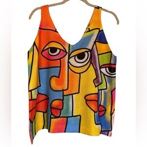 Loowie Eco Design Abstract Face Print Women's Knit Tank Top NWTS Multicolor